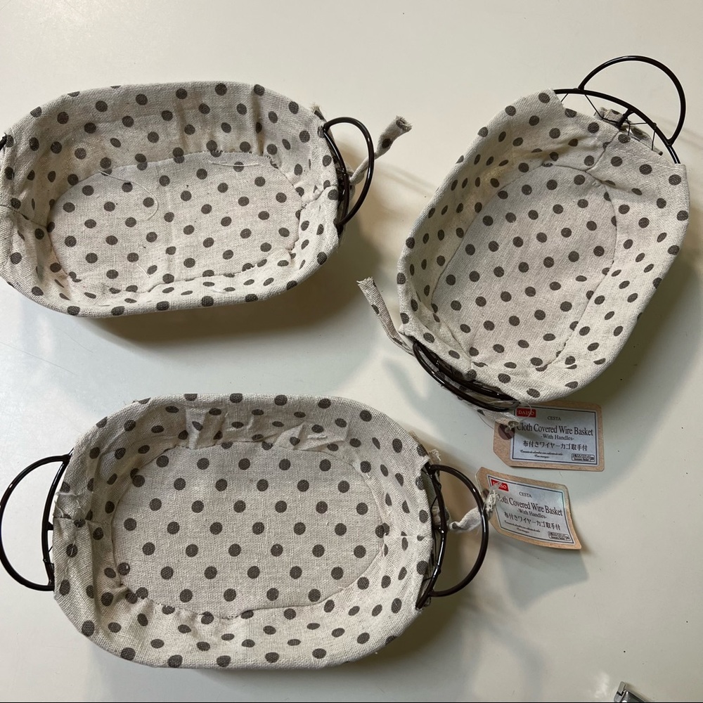 Daiso Farmhouse Rustic Cloth Covered small Wire Basket w/ handle Home Decor NWT